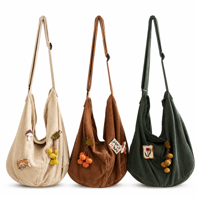 Sac Bandoulière Velours Côtelé Grande Capacité 