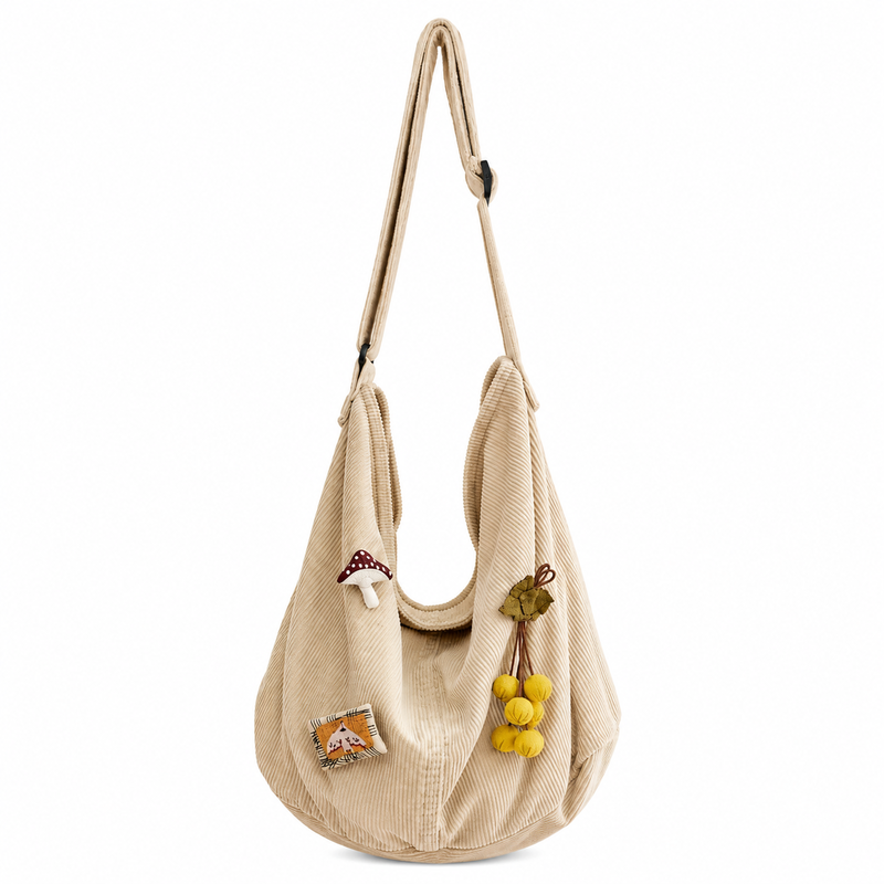 Sac Bandoulière Velours Côtelé Grande Capacité 